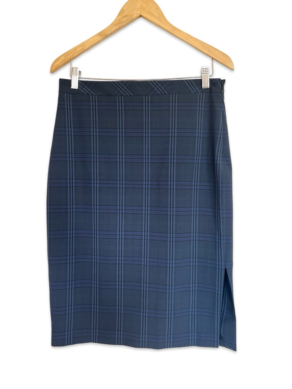 Banana Republic wool blend blue plaid pencil skirt Size 6 Side slit Preppy Work